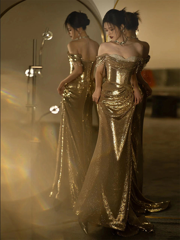 Gold Sequined Fishtail Dress