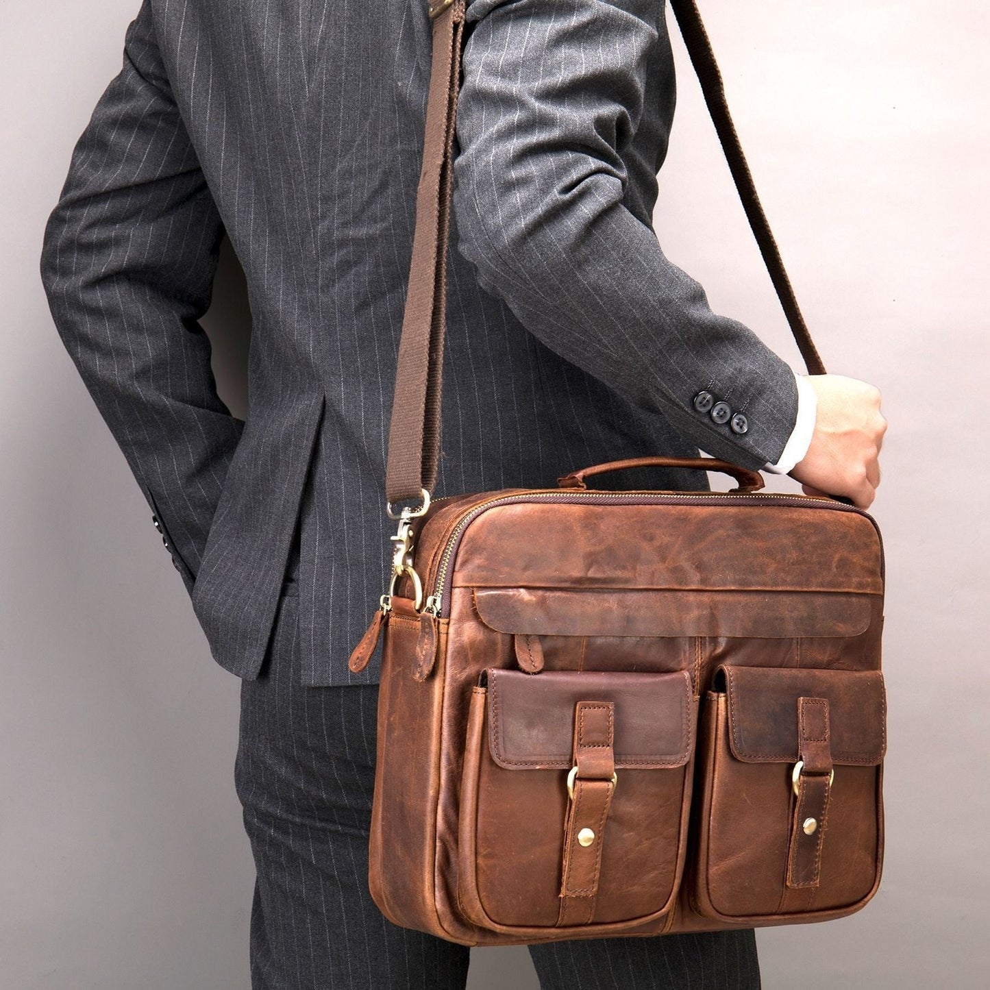 Retro Mens Shoulder Crossbody Bag Full-Grain Leather Handbag Business Briefcase