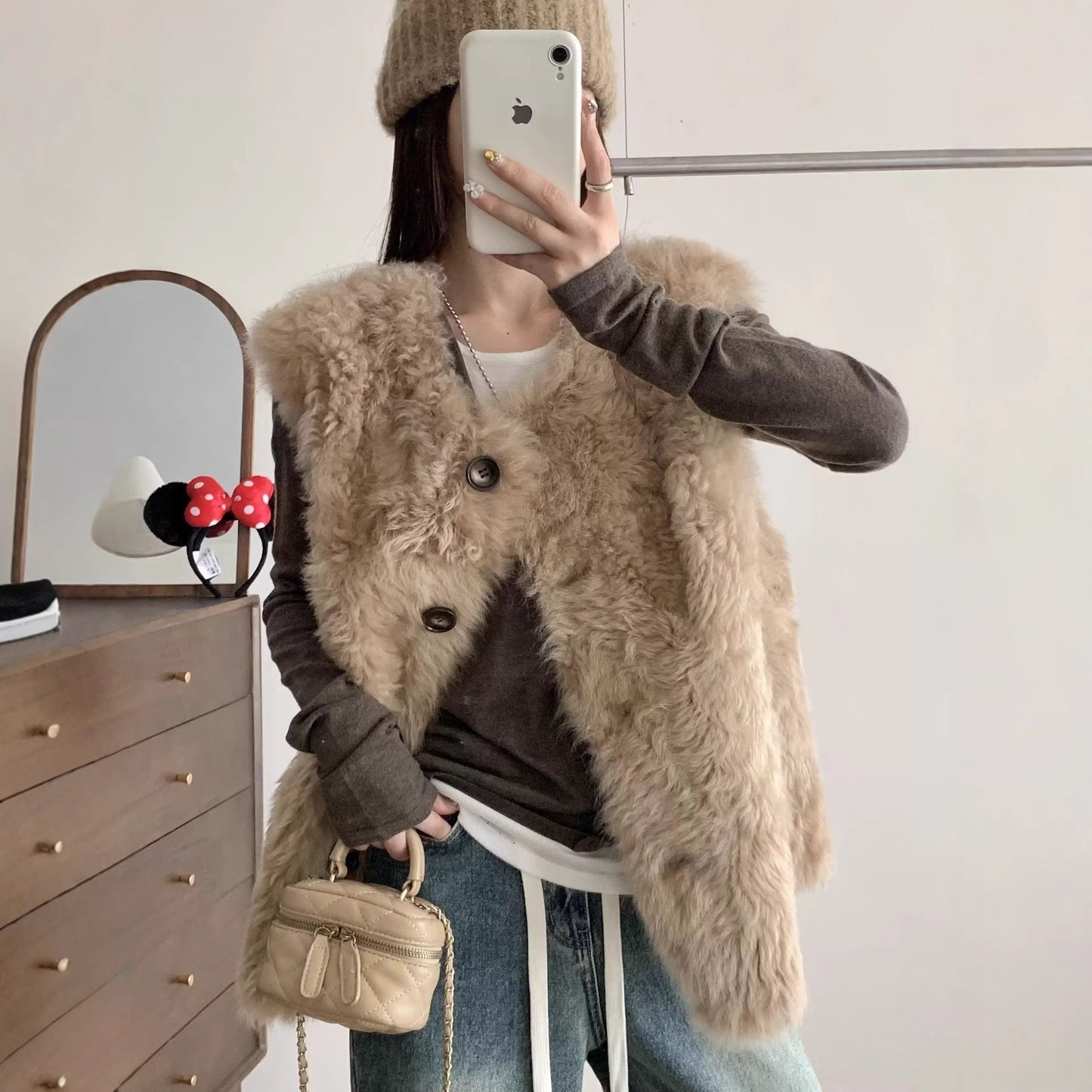 Sheepskin-look Vest Mid-length Leather-and-fur Vest
