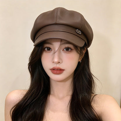 Fashionable Retro Matte PU Solid-color Newsboy Hat With Metal Label And Soft Leather Pumpkin Hat For Autumn Winter, Classic British Style, Versatile For All Occasions