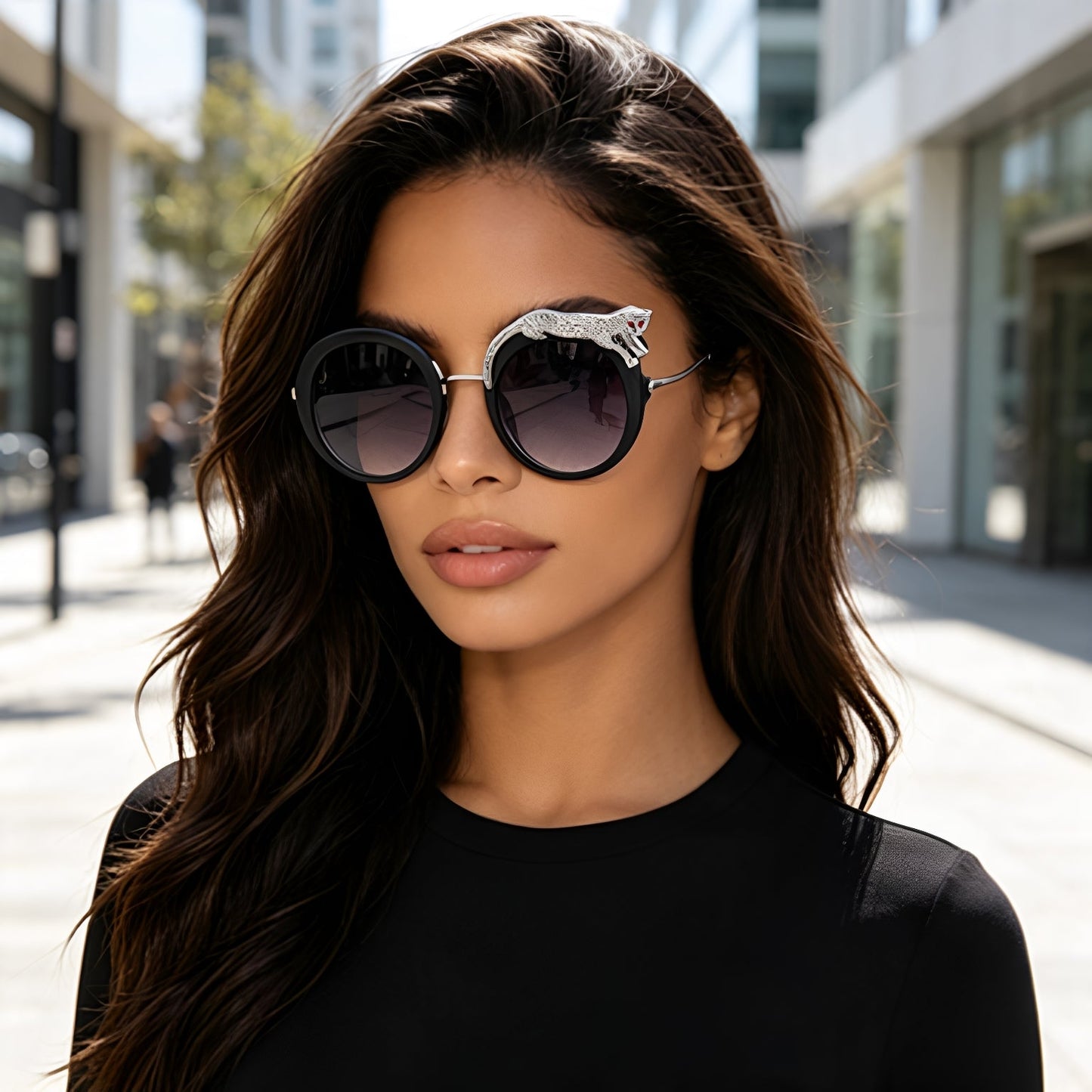New Anti-Blue Light Glasses For Women With Leopard Head And Diamond Embellishments, European And American Style Round Frame Sunglasses, Trendy Large Frame Sun Protection Sunglasses With A High-End Fee