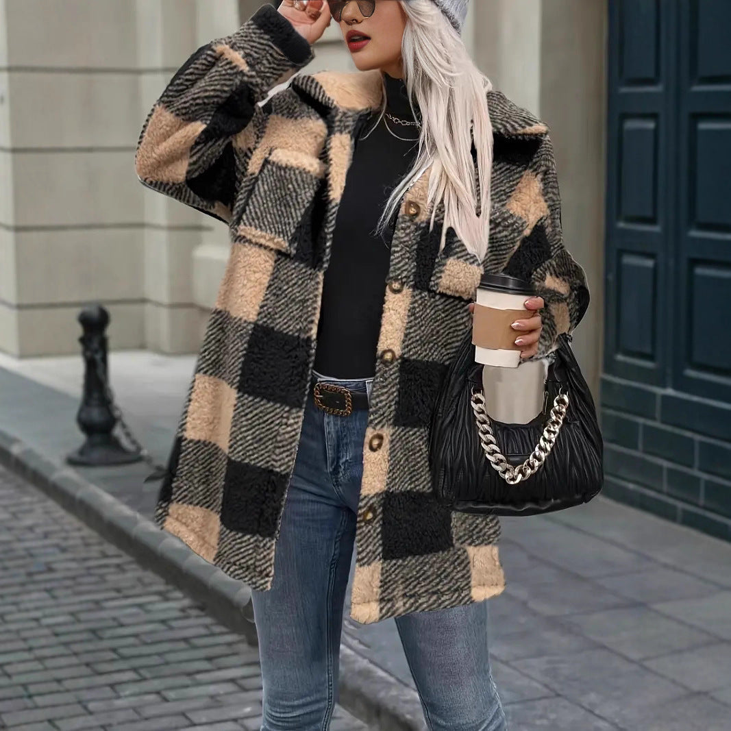 Womens Fallwinter Lambswool Lapel Loose-fit Casual Plaid Plush Long-sleeve Coat