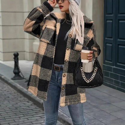 Womens Fallwinter Lambswool Lapel Loose-fit Casual Plaid Plush Long-sleeve Coat