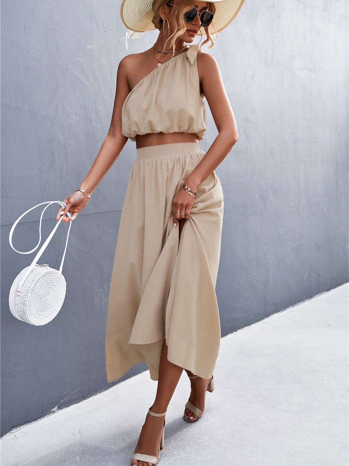 Oblique Shoulder Lace-Up Vest Slit Skirt Suit