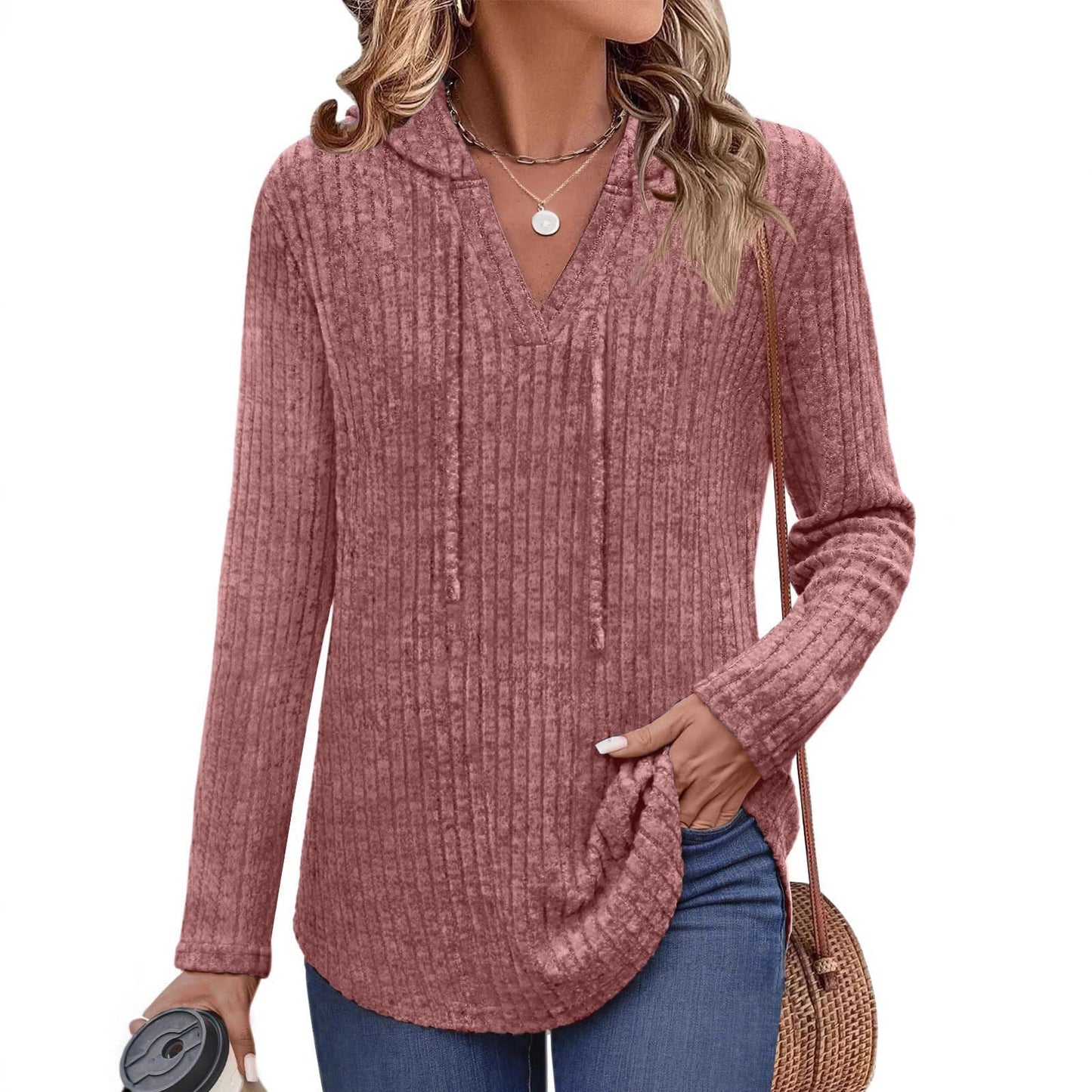 Long-sleeved Ribbed Brushed T-shirt Loose Fit