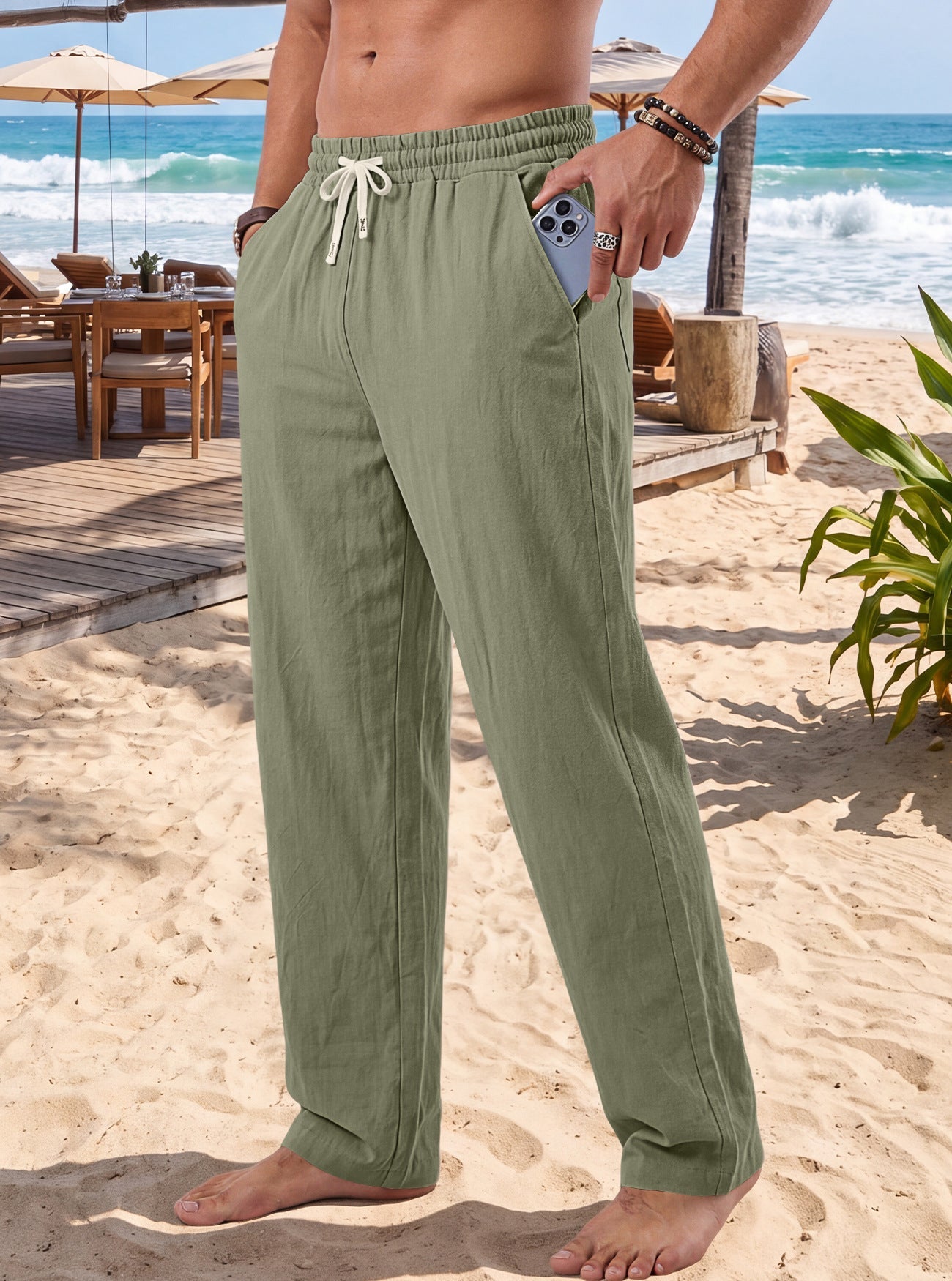 Mens American-style Linen Sand-washed Crinkled Casual Trousers