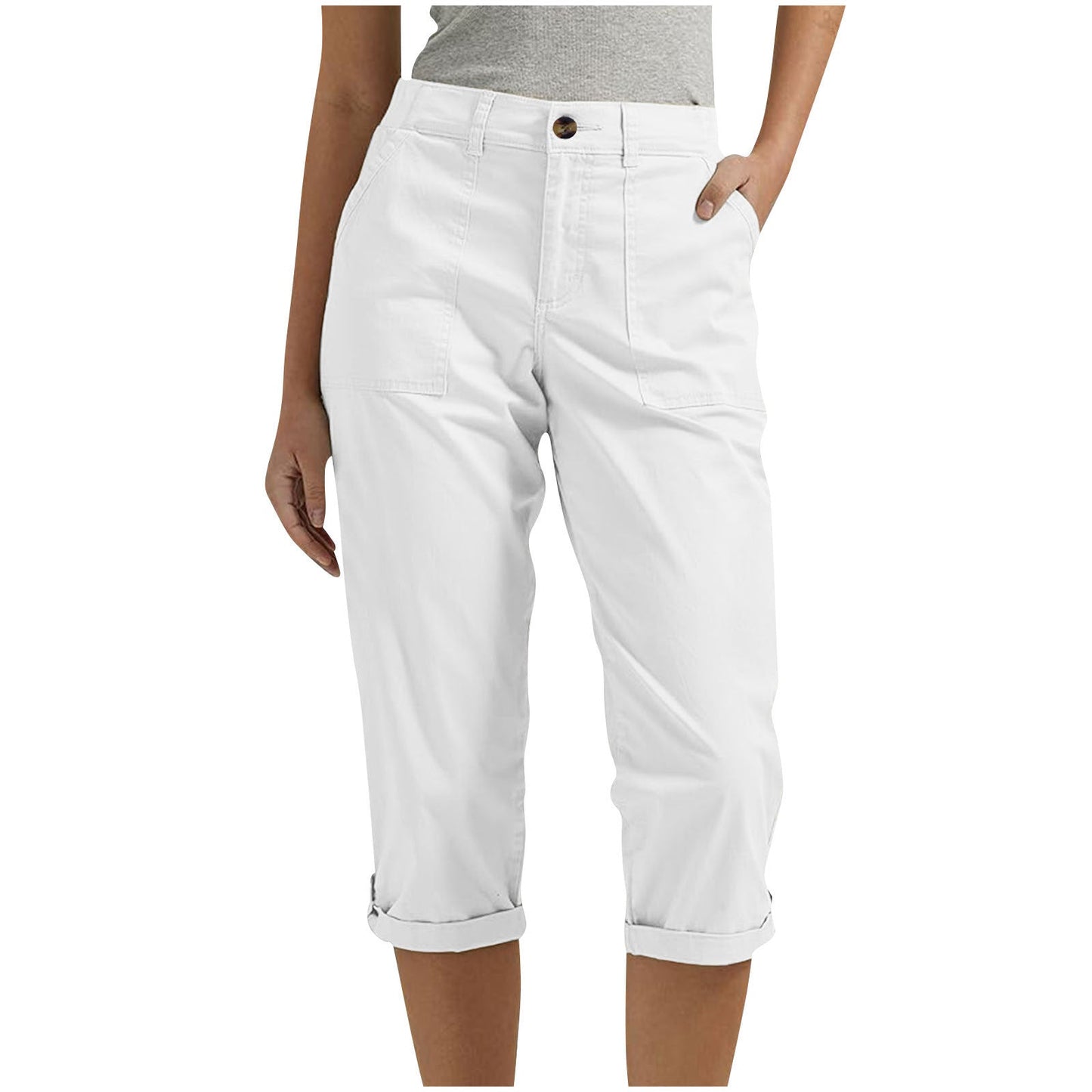 Womens Solid-color Buttoned Roll-up Capri Pants