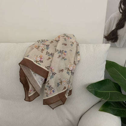 Korean-style Cashew Flower Cotton-Linen Square Scarf For Women