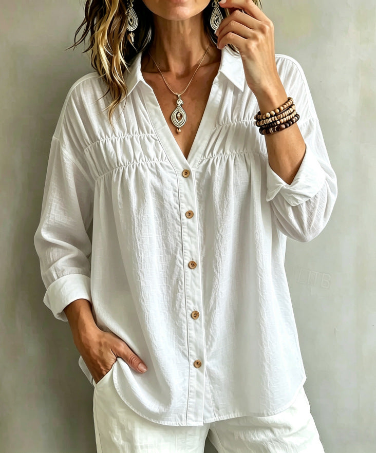 Loose-fit Casual Long-sleeve V-neck Womens Blouse With Buttons