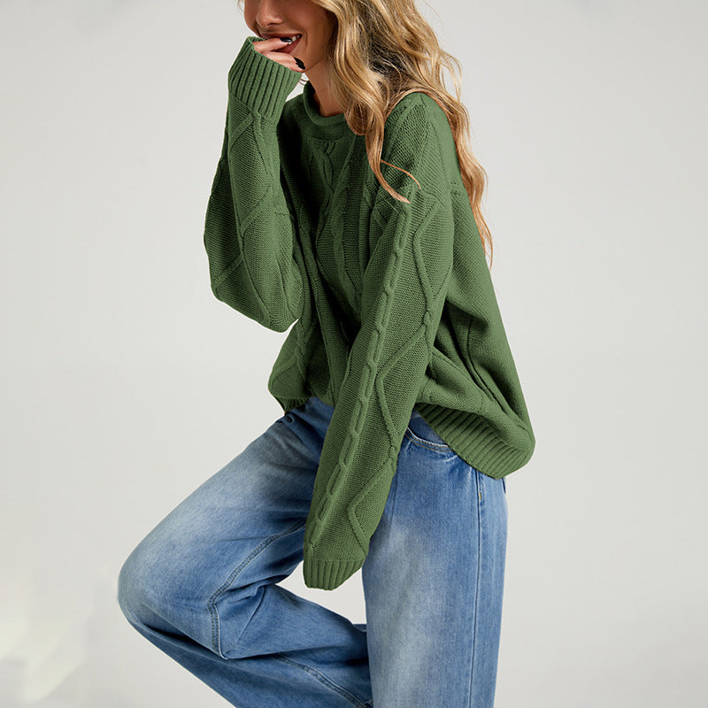 Womens European And American-style Loose-fitting Crew-neck Knit Sweater