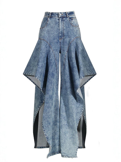 Vintage Washed Denim Asymmetric Ruffle Flare Wide Leg Pants