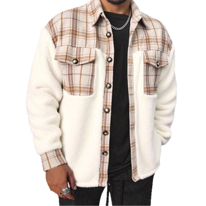 Mens Plaid Plush Patchwork Jacket Coat