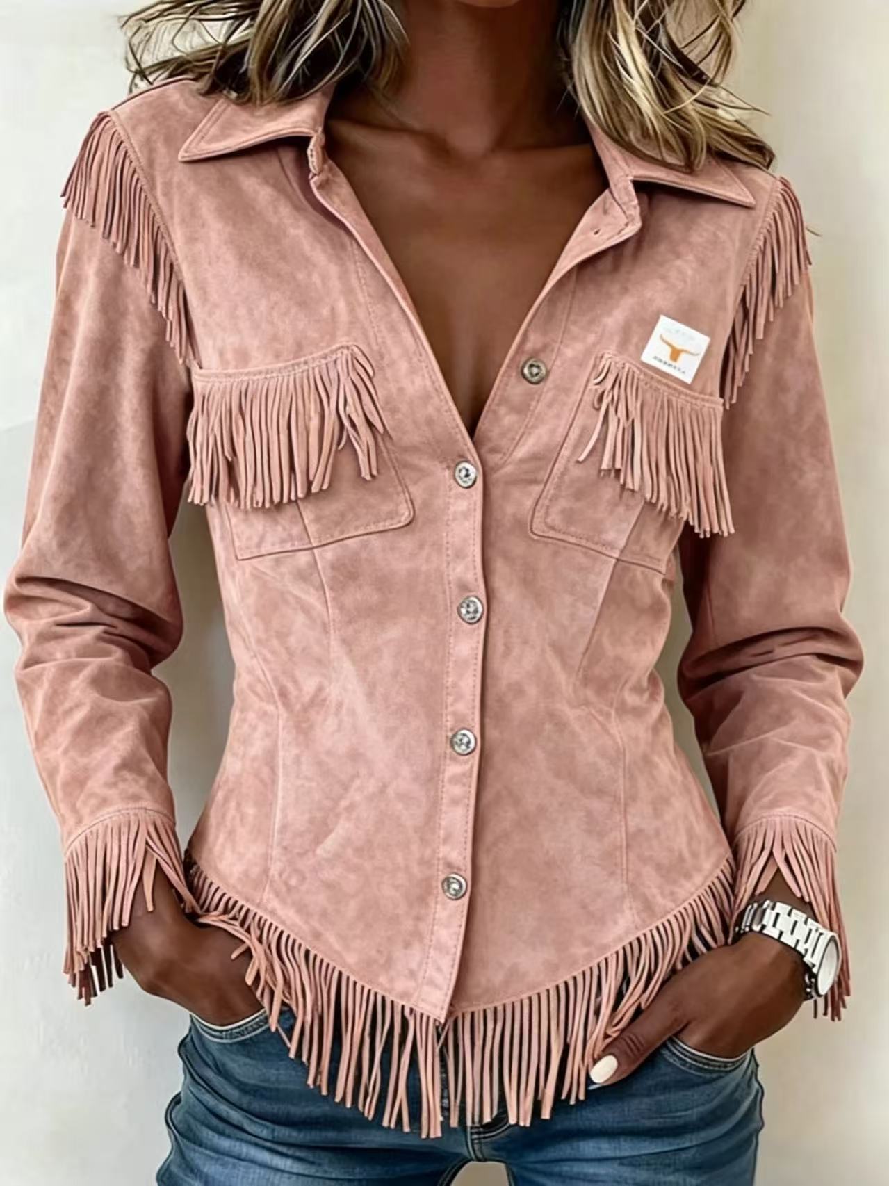 Autumn New Brown European And American Style Suede Tassel Long Sleeve Cardigan Women's Jacket Cross-Border Women's Jacket
