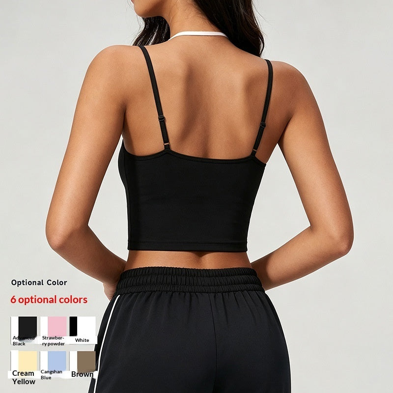 Color Block Sports Bra Halterneck Two Piece Faux Tank Top For Women