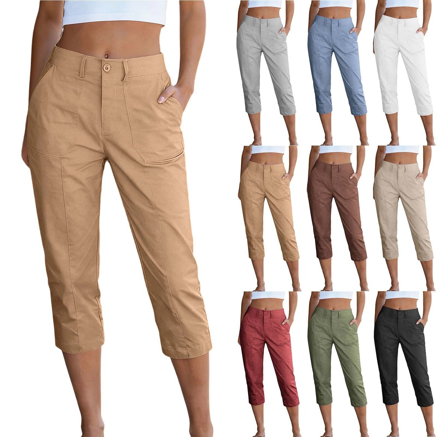 Women's Solid Color High Waist Cargo Capris With Patch Pockets, Summer Casual Work Cropped Pants