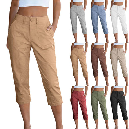 Women's Solid Color High Waist Cargo Capris With Patch Pockets, Summer Casual Work Cropped Pants