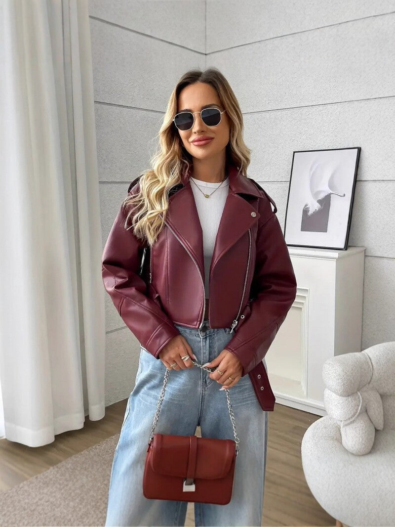 Vintage Lapel Slim-Fit Short PU Leather Jacket Womens Biker Jacket