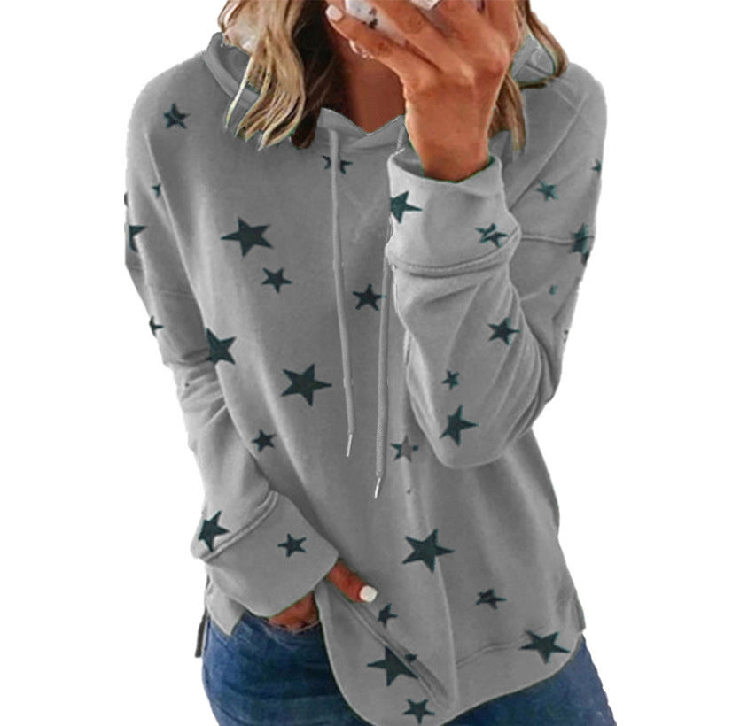 Women's Star Print Drawstring Hoodie, Long Sleeve Side Slit Casual Hooded Sweatshirt With Pockets