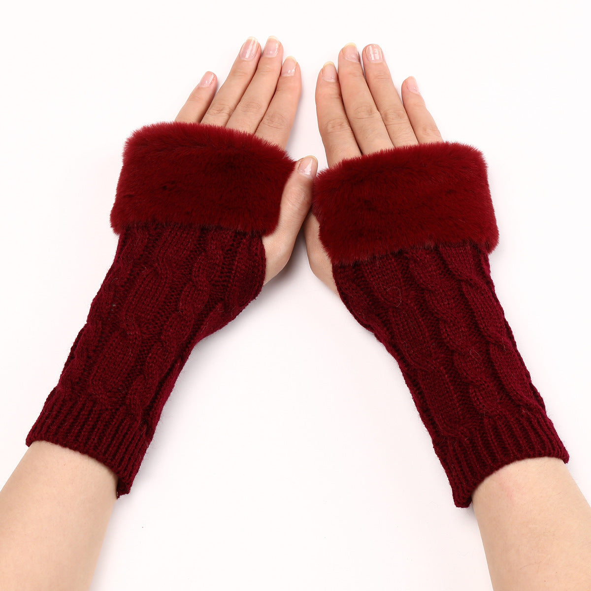 Women's Cable Knit Arm Warmers - Open End Half Finger Gloves with Wool Lining for Fall Winter Cold Weather