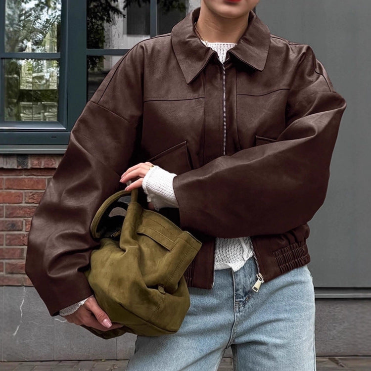 Retro AutumnWinter Old Money Style Leather Jacket For Women