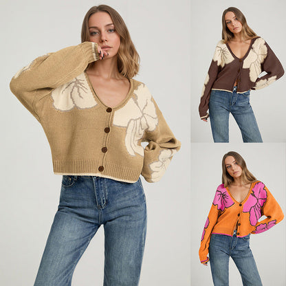 Womens Loose-fit Jacquard Color-block Knitted Cardigan Top