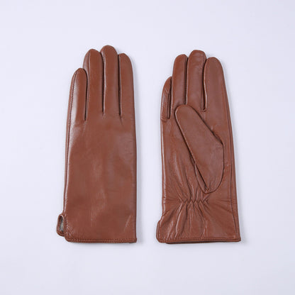 Womens Solid-Color Fleece-Lined Thermal Leather Gloves