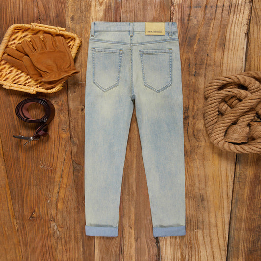 Casual Retro Korean Style Slim-fit Ankle-tied Jeans