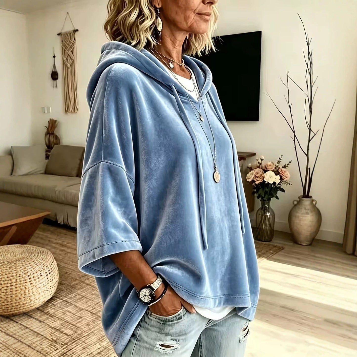 Women Velvet Batwing Short Sleeve Hoodie, Drawstring Loose Casual Solid Color Pullover Tops