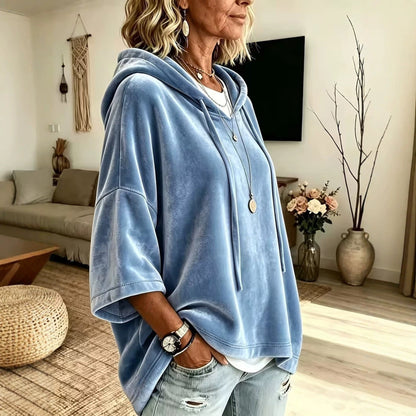 Women Velvet Batwing Short Sleeve Hoodie, Drawstring Loose Casual Solid Color Pullover Tops