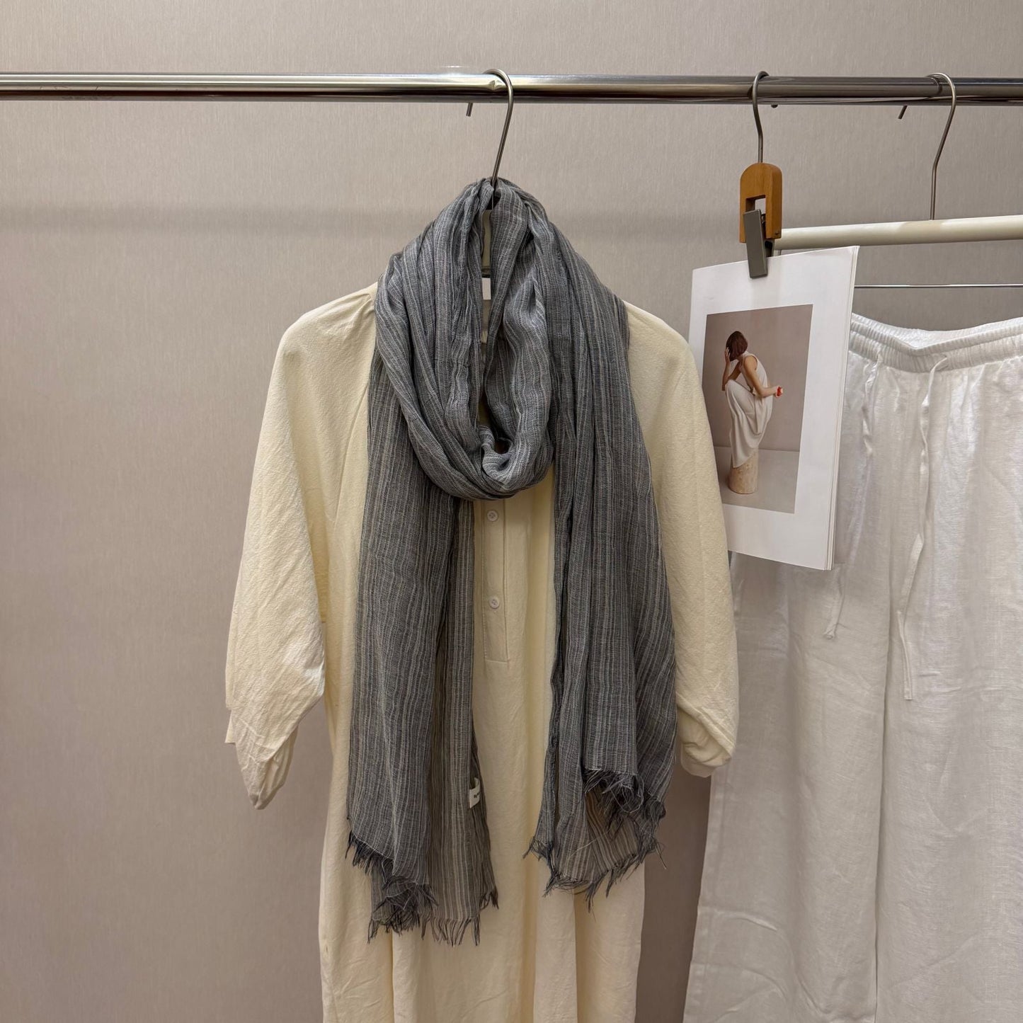 Striped Pleated Cotton-Linen Scarf