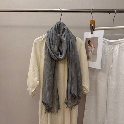 Striped Pleated Cotton-Linen Scarf