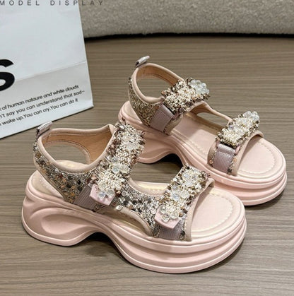 Platform Thick Sole Sandals Women 2026 Summer Foreign Trade Velcro Sporty Student Roman Women Champagne Sandals