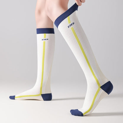 Womens Gradient-compression Calf Socks With Color-block Stripes
