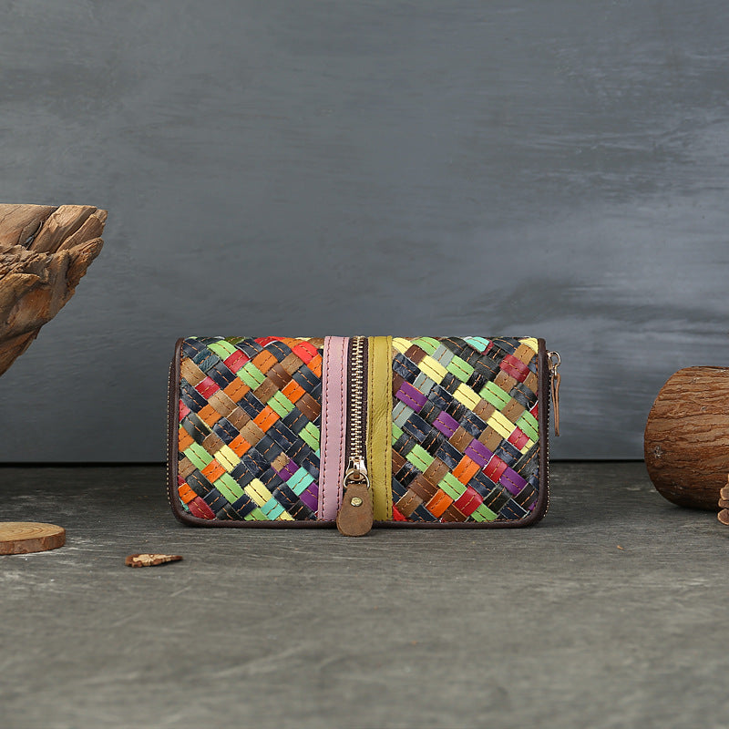 Genuine Leather Woven Patchwork Long Wallet