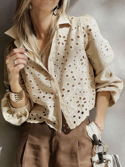 Women's Solid-color Loose-fit Hollow-out Embroidered Short Shirt