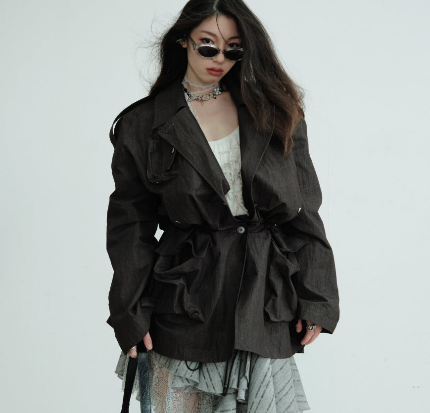 Pocket-decorated Waist-cinching Hunting-style Short Trench Coat