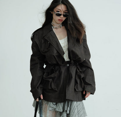 Pocket-decorated Waist-cinching Hunting-style Short Trench Coat