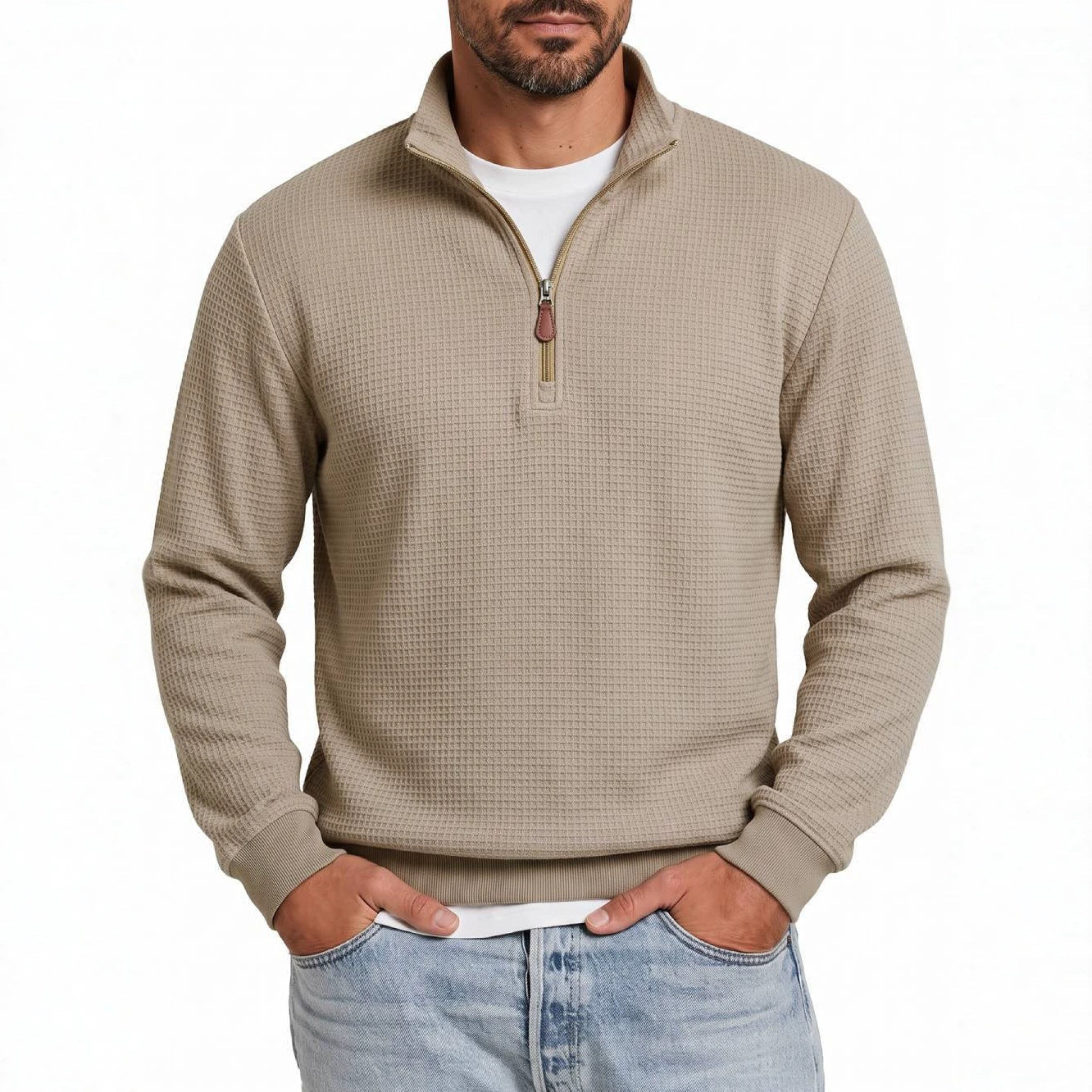 American-style Waffle Knit Half-Zip Stand Collar Men's Sweater, TK Foreign Trade Long Sleeve Pullover Casual Sweatshirt
