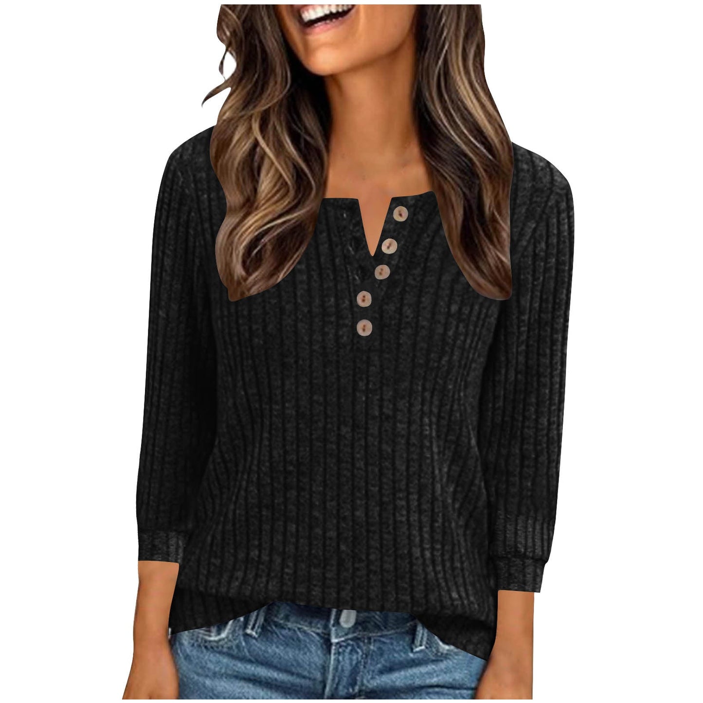 Women's V-neck Long-Sleeve Button-Down Knitted Sweater With Ribbed Pattern, Brushed Knit, Loose-Fit Striped Polo Shirt