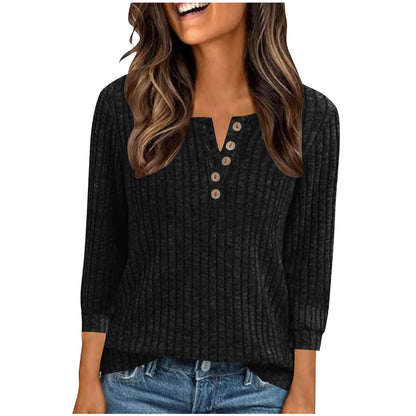 Women's V-neck Long-Sleeve Button-Down Knitted Sweater With Ribbed Pattern, Brushed Knit, Loose-Fit Striped Polo Shirt