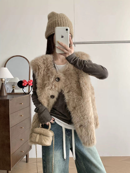 Sheepskin-look Vest Mid-length Leather-and-fur Vest