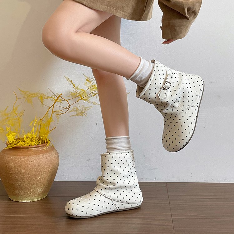 2026 New Women Vintage Wrinkled Slouch Boots, Soft Sole Polka Dot Square Toe Ugly Cute Versatile Ankle Boots