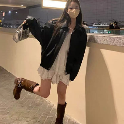 American-style Vintage Leather Jacket Women's Short