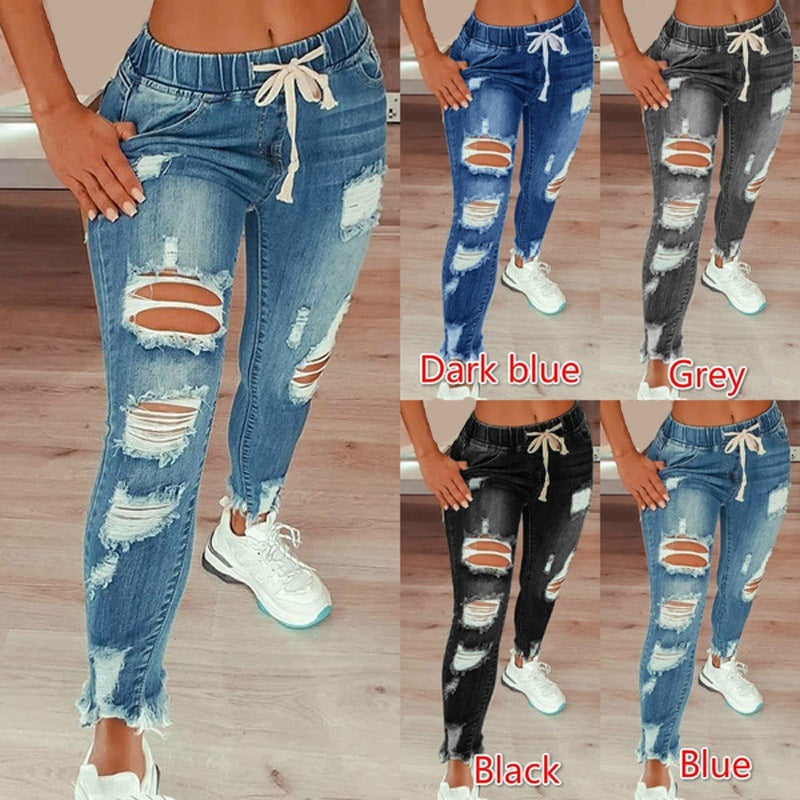Womens Distressed Ripped Long Denim Pants High Rise Elastic Waist Drawstring Jeans