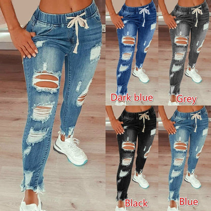 Womens Distressed Ripped Long Denim Pants High Rise Elastic Waist Drawstring Jeans