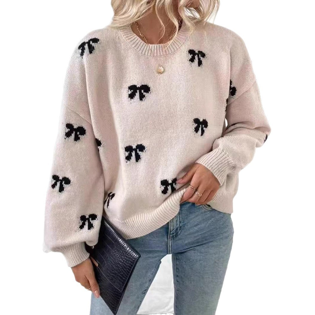 European And American Foreign Trade Amazon Bow Jacquard Sweater Clothes Autumn Women's Simple Design Women's Sweater