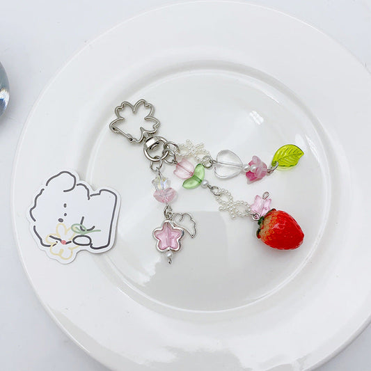 Cute Strawberry Beaded Pendant Keychain