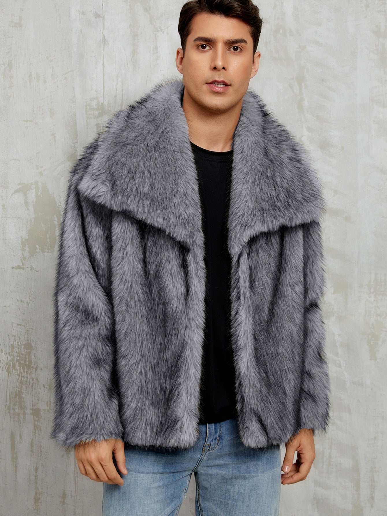 Mens Short Lapel-style Faux Fur Jacket Warm Outerwear