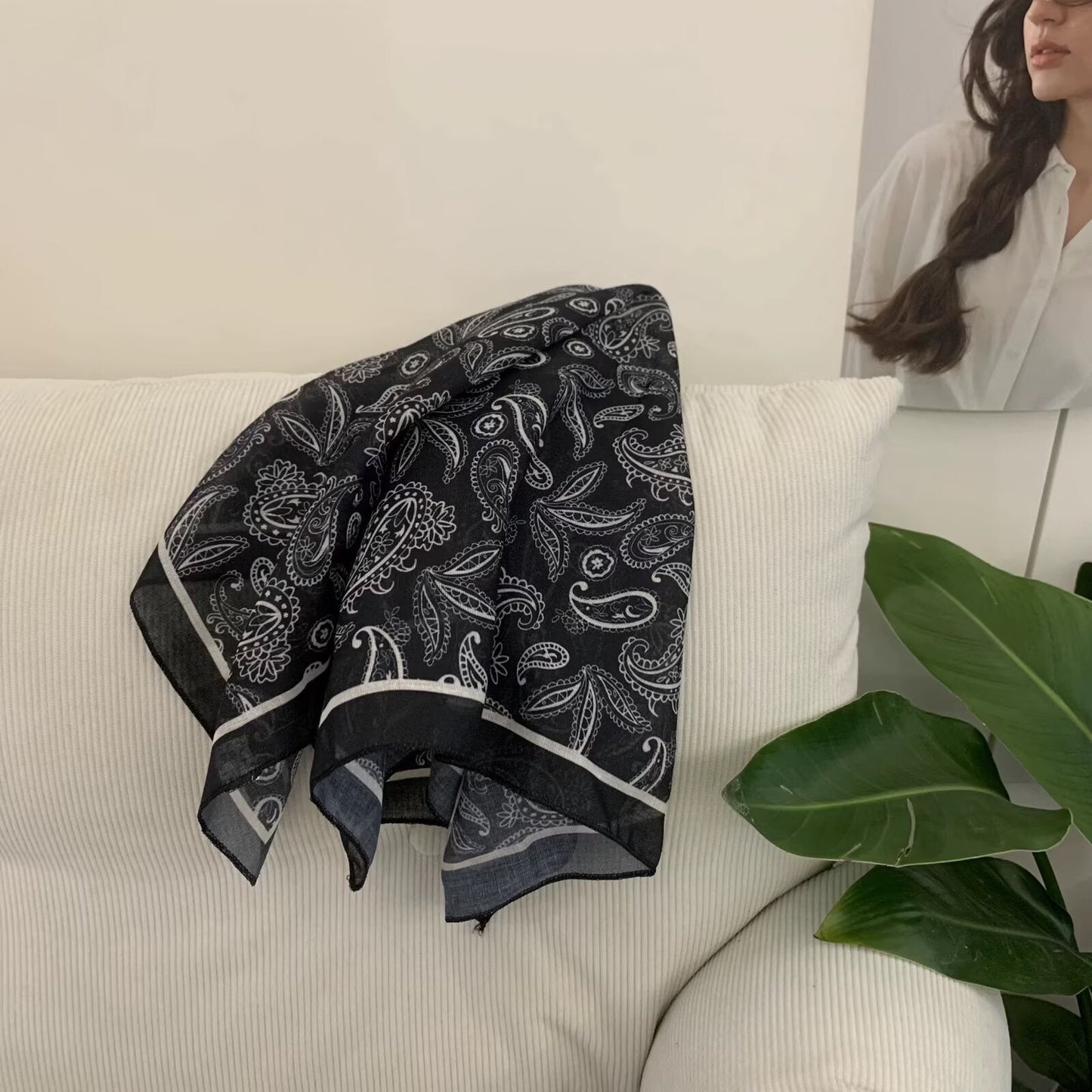 Korean-style Cashew Flower Cotton-Linen Square Scarf For Women