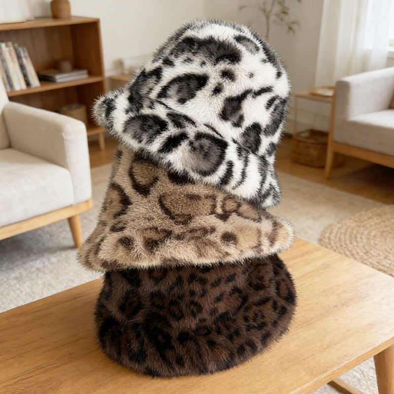 Winter And Autumn Melamine Color Leopard Print Plush Round-brimmed Fishing Hat, Soft And Fluffy Wide Brimmed, Warm And Protective Against The Cold